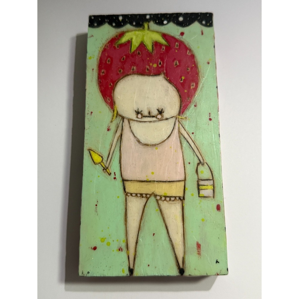 Rare Folk Art Strawberry Sun by Lia Lane Missouri Beeswax encaustic Painting OAK